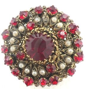 Vintage Red Brooch Faceted Glass Rhinestones Faux Pearls Filigree Gold Tone READ
